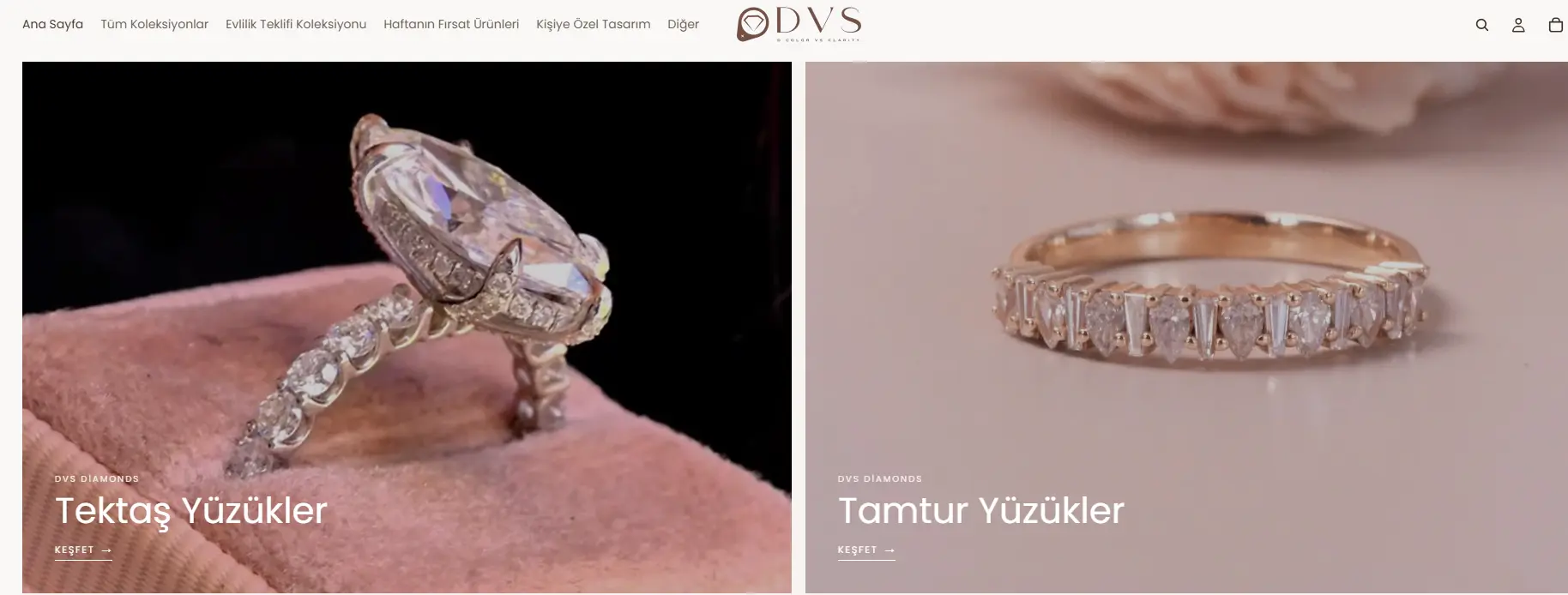 DVS Diamonds Shopify mağazasında tektaş ve tamtur yüzük koleksiyonları